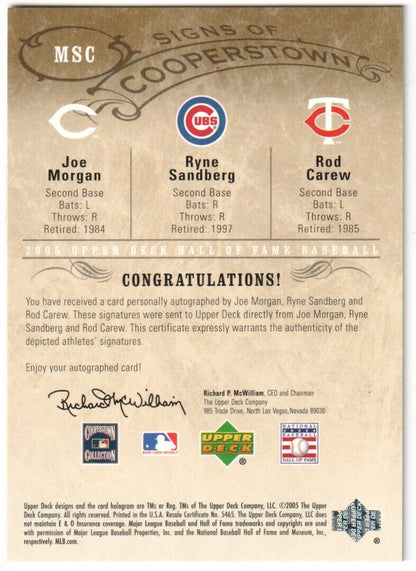 RYNE SANDBERG JOE MORGAN ROD CAREW 2005 Upper Deck Signs Autograph Auto #/5 - Columbia Hobby - Sports Card Boxes - Toploaders - Card Savers