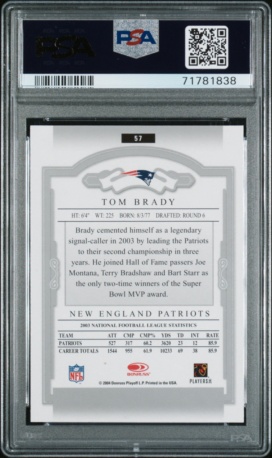 TOM BRADY 2004 Donruss Classics #57 PSA 9 MINT - PATRIOTS