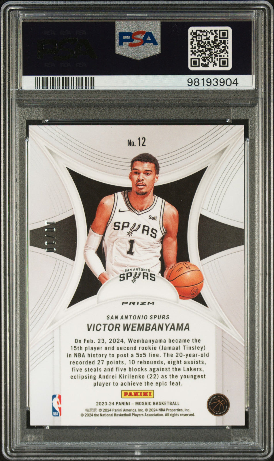 VICTOR WEMBANYAMA 2023 Panini Mosaic Epic RC Pink Fluorescent PSA 10 GEM Pop 3