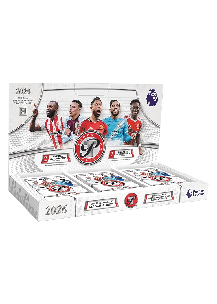 2025/26 Topps Pristine Premier League Soccer Hobby Box featuring 2 encased autographs, 1 encased autograph relic, and premium Premier League trading cards.
Back of the 2025/26 Topps Pristine Premier League Soccer Hobby Box showing product details and box configuration.
2025/26 Topps Pristine Premier League Soccer trading card pack artwork.
2025/26 Topps Pristine Premier League Soccer promotional sell sheet highlighting Pristine Autographs, Day 1 Pristine relics, Rookie Jumbo Autographs, and Malachite Refrac