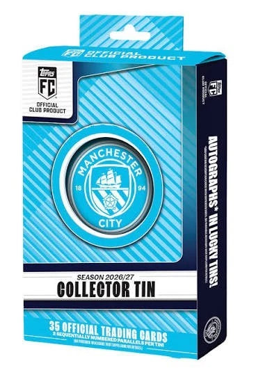2026/27 Topps Soccer Manchester City FC Club Collector Tin
2026/27 Topps Manchester City FC Club Collector trading cards
2026/27 Topps Manchester City FC sequentially numbered parallel card
2026/27 Topps Manchester City FC autograph soccer card
2026/27 Topps Manchester City FC rising rookie trading card
2026/27 Topps Manchester City FC current stars soccer card
2026/27 Topps Manchester City FC club legends trading card