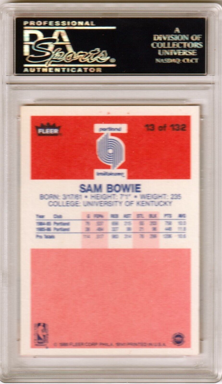 SAM BOWIE 1986 - 87 Fleer #13 PSA 9 MINT - BLAZERS - Columbia Hobby - Sports Card Boxes - Toploaders - Card Savers