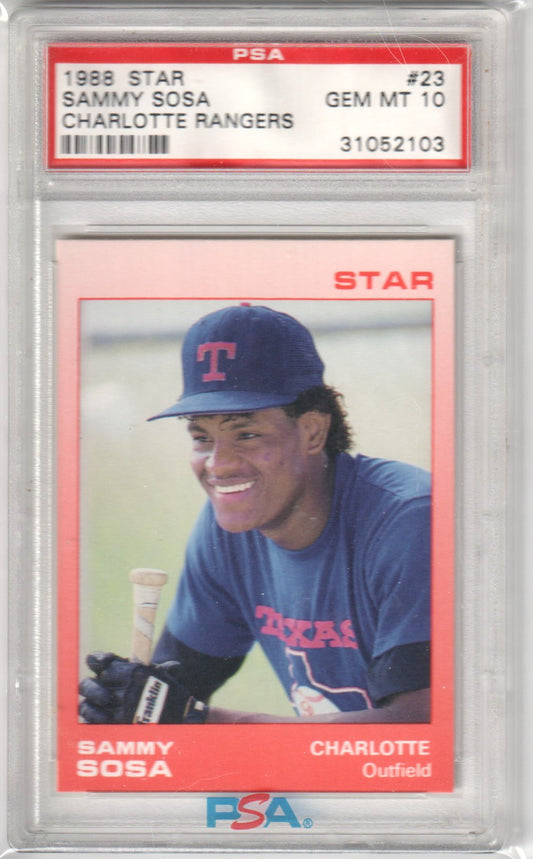 SAMMY SOSA 1988 Star Charlotte Rangers RC Rookie #23 PSA 10 GEM MINT - Columbia Hobby - Sports Card Boxes - Toploaders - Card Savers