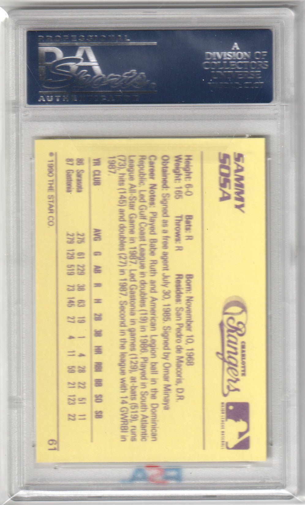 SAMMY SOSA 1990 Star Minor League Baseball Wax RC Rookie #61 PSA 10 GEM MINT - Columbia Hobby - Sports Card Boxes - Toploaders - Card Savers
