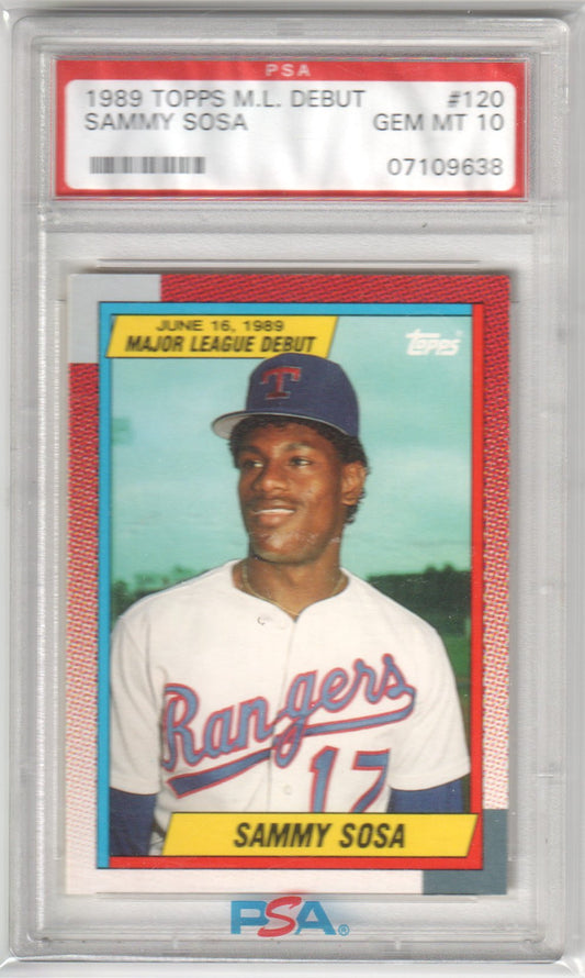 SAMMY SOSA 1990 Topps '89 ML Debut Rookie RC #120 PSA 10 GEM MINT - CUBS - Columbia Hobby - Sports Card Boxes - Toploaders - Card Savers