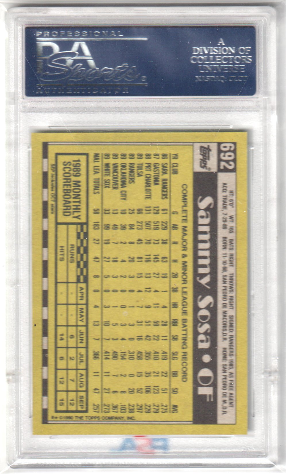 SAMMY SOSA 1990 Topps Rookie RC #692 PSA 10 GEM MINT - WHITE SOX - Columbia Hobby - Sports Card Boxes - Toploaders - Card Savers