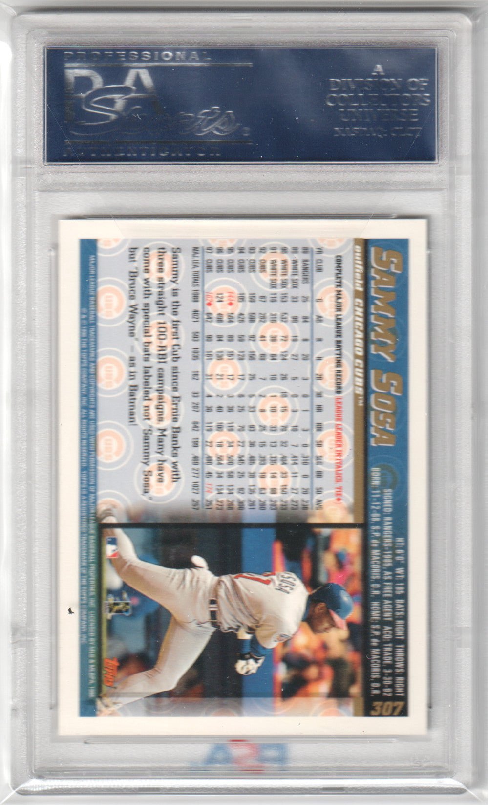 SAMMY SOSA 1998 Topps #307 Diamondbacks Inaugural PSA 10 GEM MINT - CUBS Pop 1 - Columbia Hobby - Sports Card Boxes - Toploaders - Card Savers