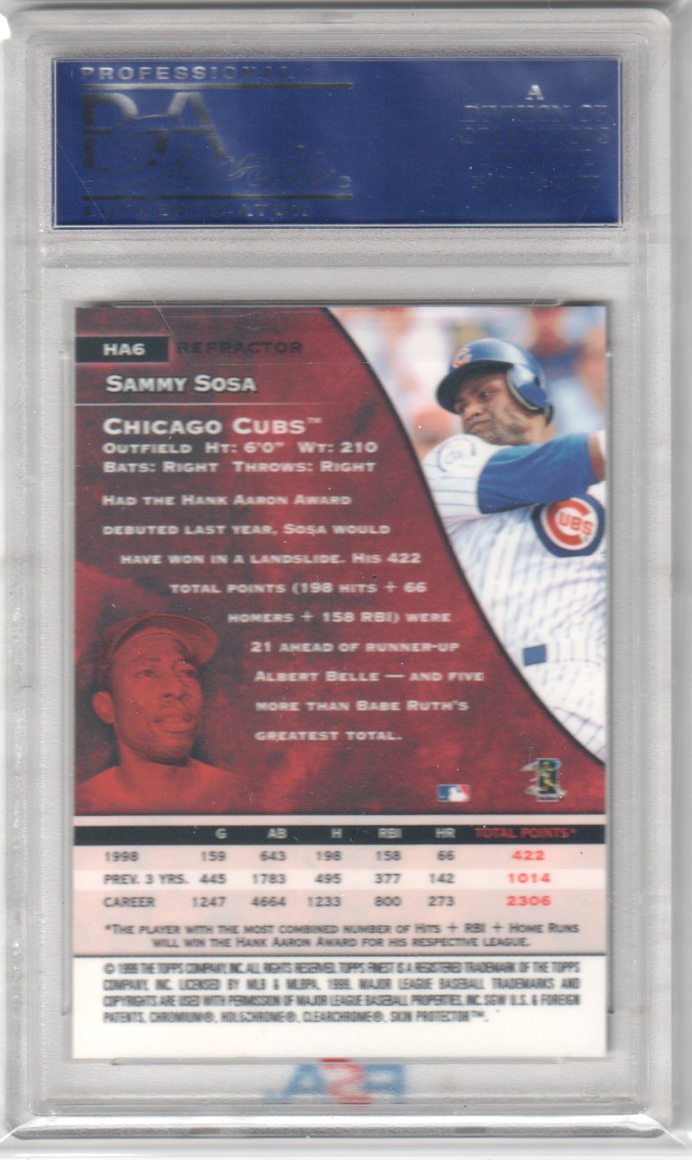 SAMMY SOSA 1999 Finest Aaron Award #HA6 Refractor PSA 10 GEM MINT - CUBS Pop 14 - Columbia Hobby - Sports Card Boxes - Toploaders - Card Savers