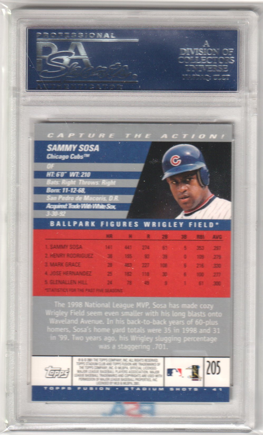 SAMMY SOSA 2001 Topps Fusion #205 Stadium Club PSA 10 GEM MINT - CUBS Pop 1 - Columbia Hobby - Sports Card Boxes - Toploaders - Card Savers