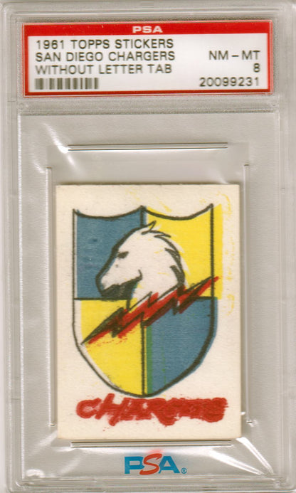 SAN DIEGO CHARGERS 1961 Topps Stickers Without Letter Tab PSA 8 NM - MT - Columbia Hobby - Sports Card Boxes - Toploaders - Card Savers