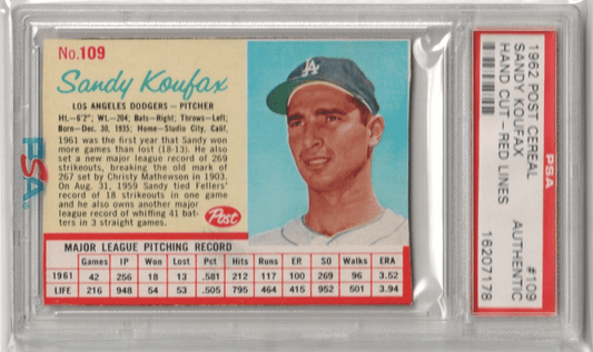 SANDY KOUFAX 1962 Post Cereal Red Lines #109 PSA Authentic - Columbia Hobby - Sports Card Boxes - Toploaders - Card Savers