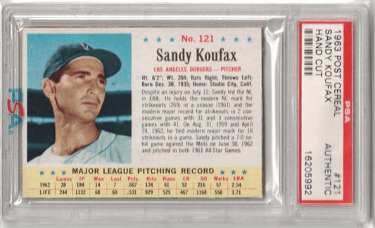 SANDY KOUFAX 1963 Post Cereal #121 PSA Authentic - DODGERS - Columbia Hobby - Sports Card Boxes - Toploaders - Card Savers
