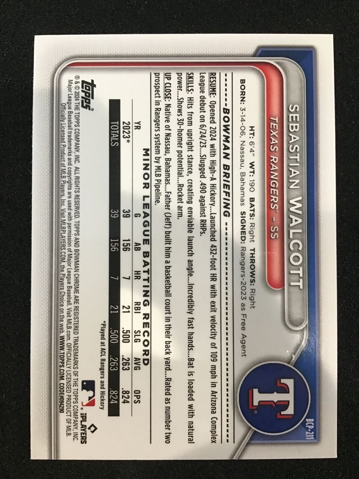 SEBASTIAN WALCOTT 2024 Bowman Chrome Blue Mojo /150 SP Rangers - Columbia Hobby - Sports Card Boxes - Toploaders - Card Savers
