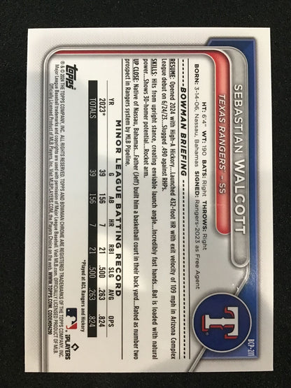 SEBASTIAN WALCOTT 2024 Bowman Chrome Blue Mojo /150 SP Rangers - Columbia Hobby - Sports Card Boxes - Toploaders - Card Savers