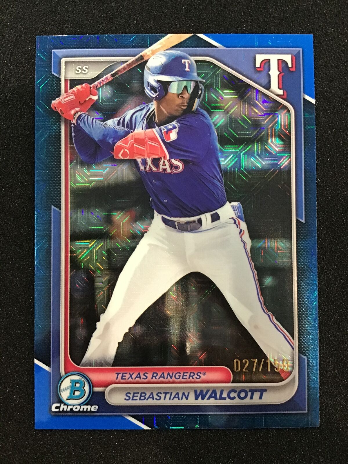 SEBASTIAN WALCOTT 2024 Bowman Chrome Blue Mojo /150 SP Rangers - Columbia Hobby - Sports Card Boxes - Toploaders - Card Savers