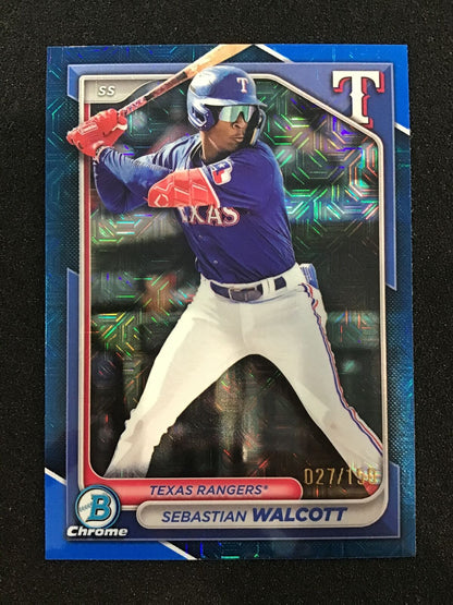 SEBASTIAN WALCOTT 2024 Bowman Chrome Blue Mojo /150 SP Rangers - Columbia Hobby - Sports Card Boxes - Toploaders - Card Savers