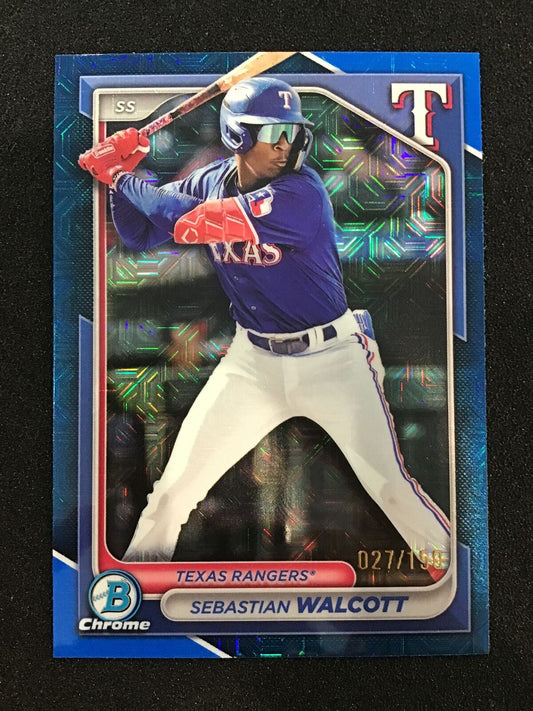 SEBASTIAN WALCOTT 2024 Bowman Chrome Blue Mojo /150 SP Rangers - Columbia Hobby - Sports Card Boxes - Toploaders - Card Savers
