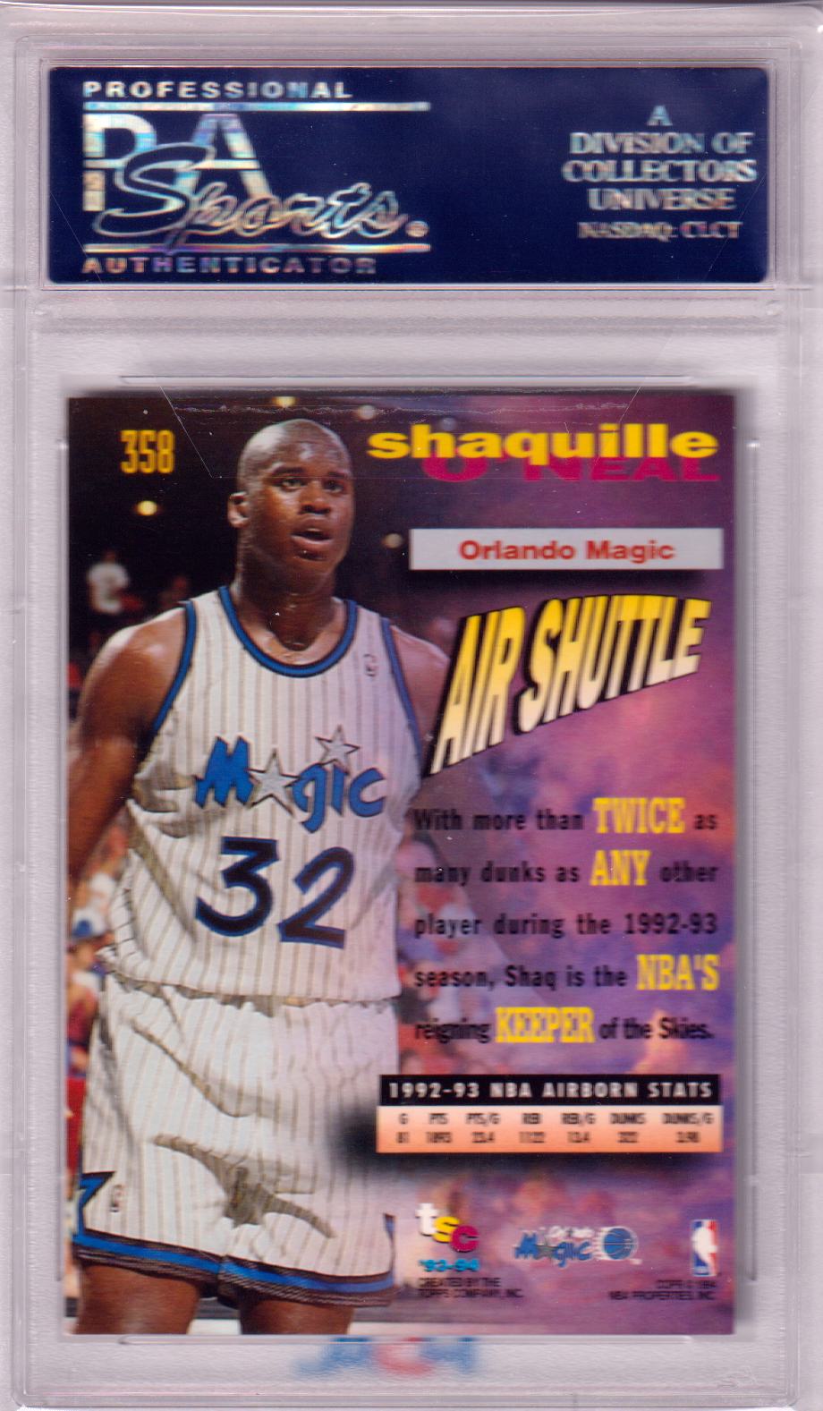 SHAQUILLE O'NEAL 1993 Stadium Club Frequent Flyers #358 PSA 10 GEM MINT MAGIC - Columbia Hobby - Sports Card Boxes - Toploaders - Card Savers
