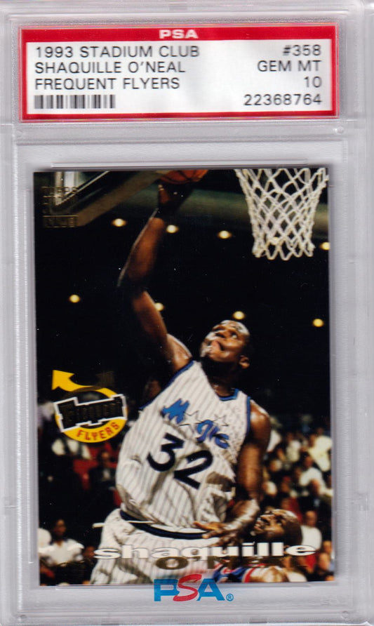 SHAQUILLE O'NEAL 1993 Stadium Club Frequent Flyers #358 PSA 10 GEM MINT MAGIC - Columbia Hobby - Sports Card Boxes - Toploaders - Card Savers