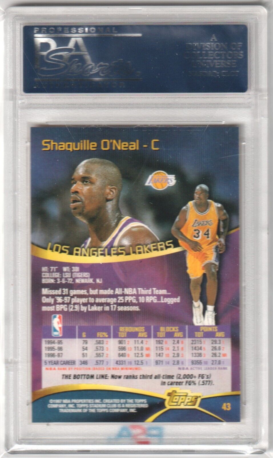 SHAQUILLE O'NEAL 1997 - 98 Topps Stadium Club #43 PSA 10 GEM MINT - LAKERS POP 12 - Columbia Hobby - Sports Card Boxes - Toploaders - Card Savers