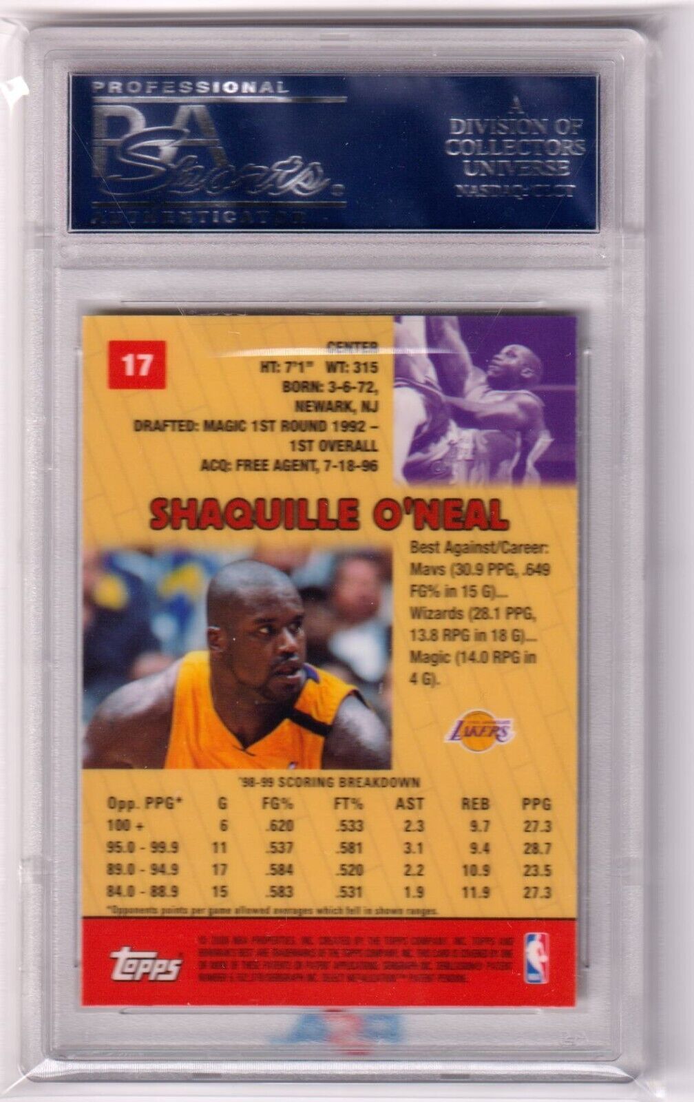 SHAQUILLE O'NEAL 1999 - 00 Bowman's Best #17 PSA 10 GEM MINT - LAKERS - Columbia Hobby - Sports Card Boxes - Toploaders - Card Savers