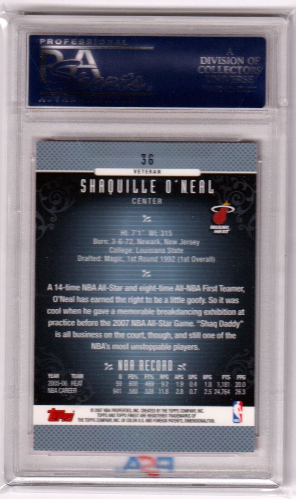 SHAQUILLE O'NEAL 2006 - 07 Topps Finest #36 PSA 10 GEM MINT - HEAT - Columbia Hobby - Sports Card Boxes - Toploaders - Card Savers