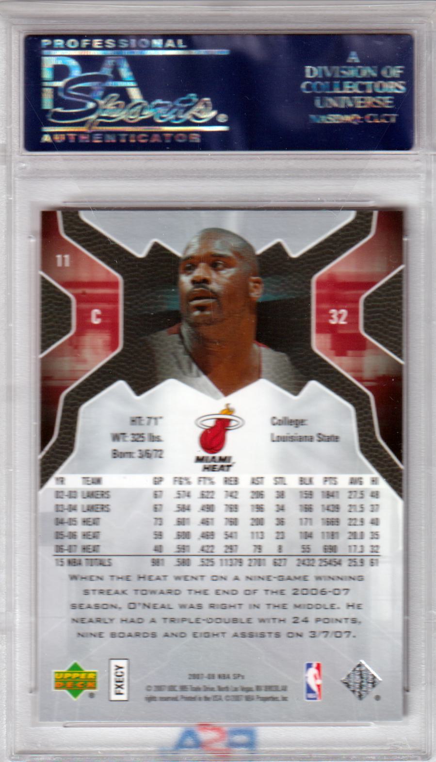SHAQUILLE O'NEAL 2007 - 08 Upper Deck SPx #11 PSA 10 GEM MINT - HEAT - POP 5 - Columbia Hobby - Sports Card Boxes - Toploaders - Card Savers