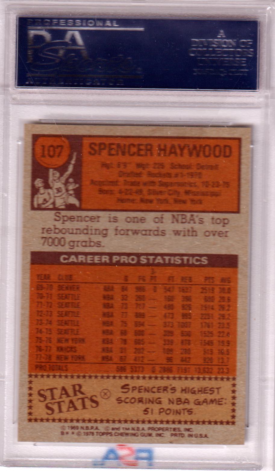 SPENCER HAYWOOD 1978 - 79 Topps #107 PSA 9 MINT - KNICKS - Columbia Hobby - Sports Card Boxes - Toploaders - Card Savers