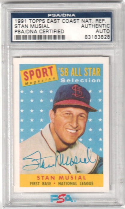 STAN MUSIAL 1991 Topps East Coast Ntl Autograph Auto PSA Authentic - CARDINALS - Columbia Hobby - Sports Card Boxes - Toploaders - Card Savers