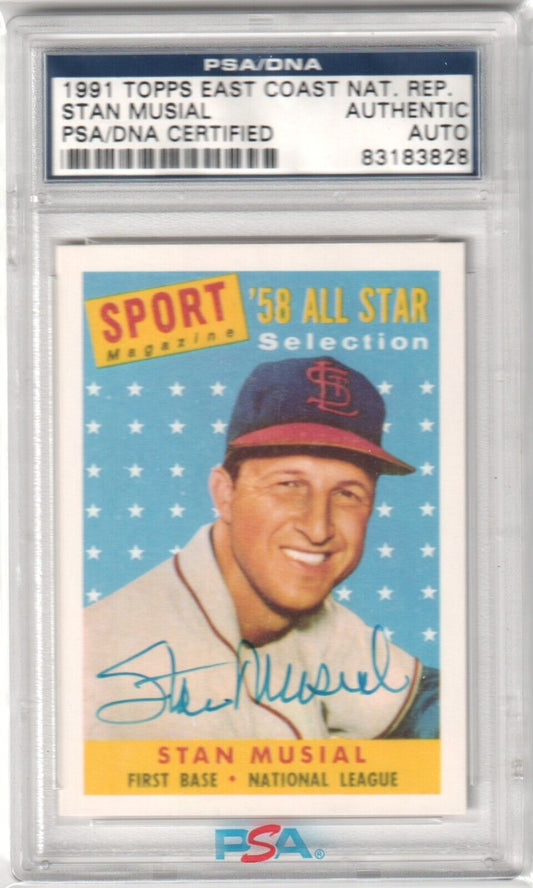 STAN MUSIAL 1991 Topps East Coast Ntl Autograph Auto PSA Authentic - CARDINALS - Columbia Hobby - Sports Card Boxes - Toploaders - Card Savers