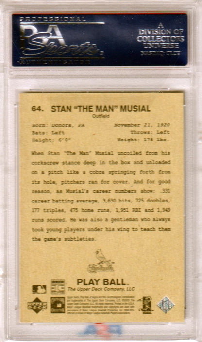 STAN MUSIAL 2003 Upper Deck Play Ball #64 PSA 10 GEM MINT - CARDINALS Pop 7 - Columbia Hobby - Sports Card Boxes - Toploaders - Card Savers