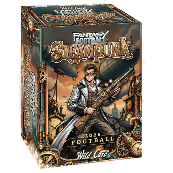 2026 Wild Card Fantasy Football Steampunk Hobby Box
Front of 2026 Wild Card Fantasy Football Steampunk Hobby Box
Wild Card Fantasy Football Steampunk encased football cards
2026 Wild Card Steampunk football trading cards