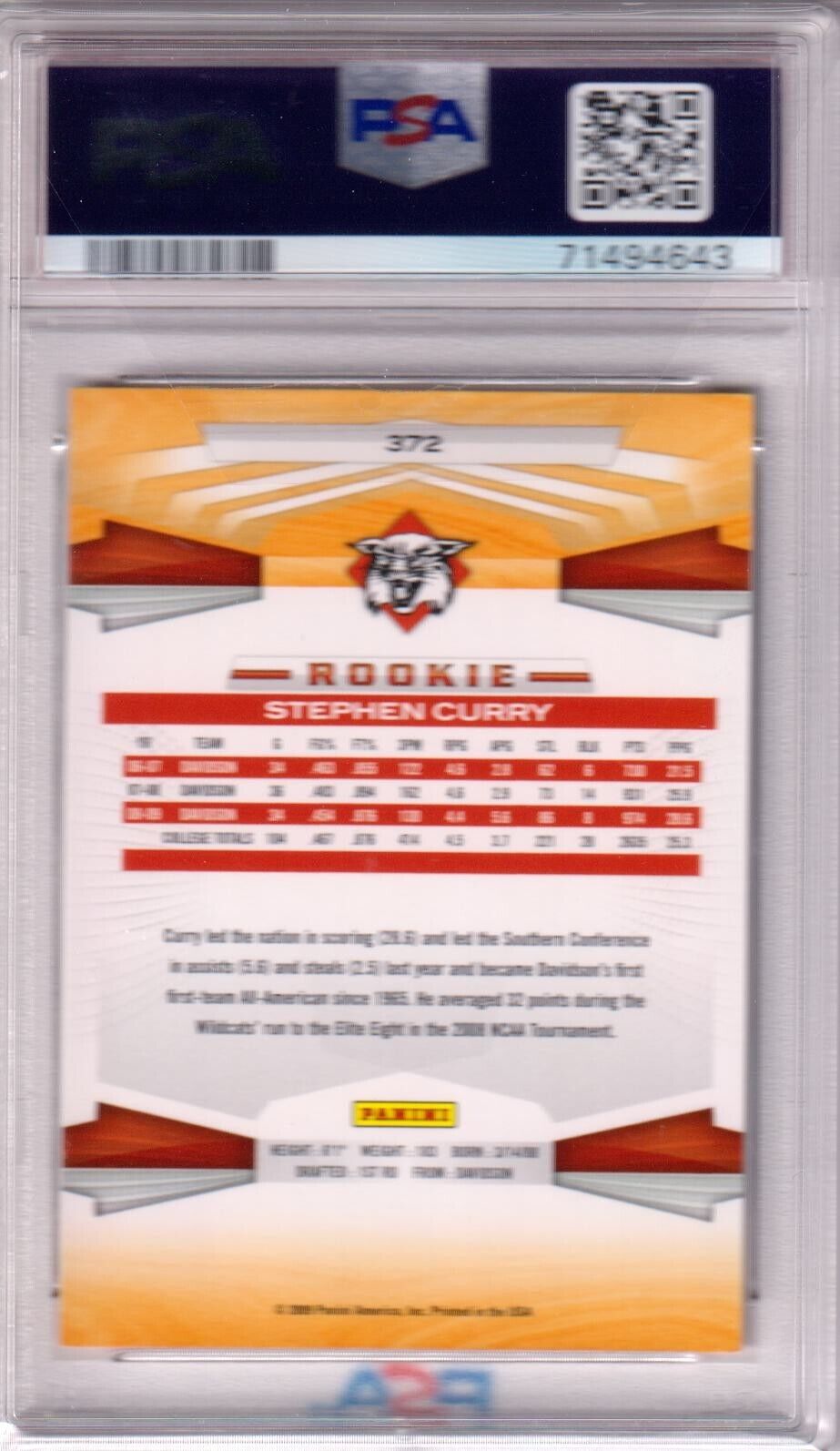 STEPHEN STEPH CURRY 2009 - 10 Panini RC Rookie #372 PSA 9 MINT - WARRIORS - Columbia Hobby - Sports Card Boxes - Toploaders - Card Savers