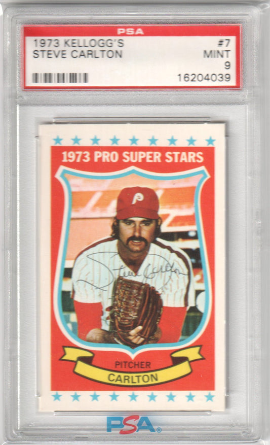 STEVE CARLTON 1973 Kellogg's Pro Stars #7 PSA 9 MINT - PHILLIES - Columbia Hobby - Sports Card Boxes - Toploaders - Card Savers