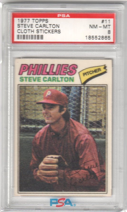 STEVE CARLTON 1977 Topps Cloth Stickers #11 PSA 8 NM - PHILLIES - Columbia Hobby - Sports Card Boxes - Toploaders - Card Savers