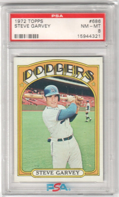 STEVE GARVEY 1972 Topps #686 PSA 8 NM - MT - DODGERS - Columbia Hobby - Sports Card Boxes - Toploaders - Card Savers