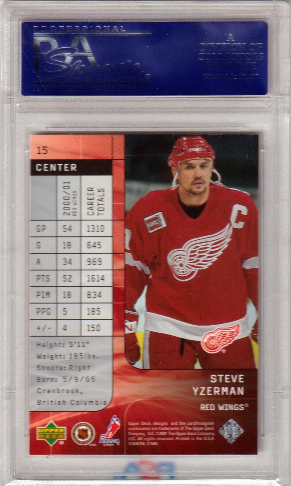 STEVE YZERMAN 2001 Upper Deck Top Shelf #15 PSA 10 - RED WINGS - Columbia Hobby - Sports Card Boxes - Toploaders - Card Savers