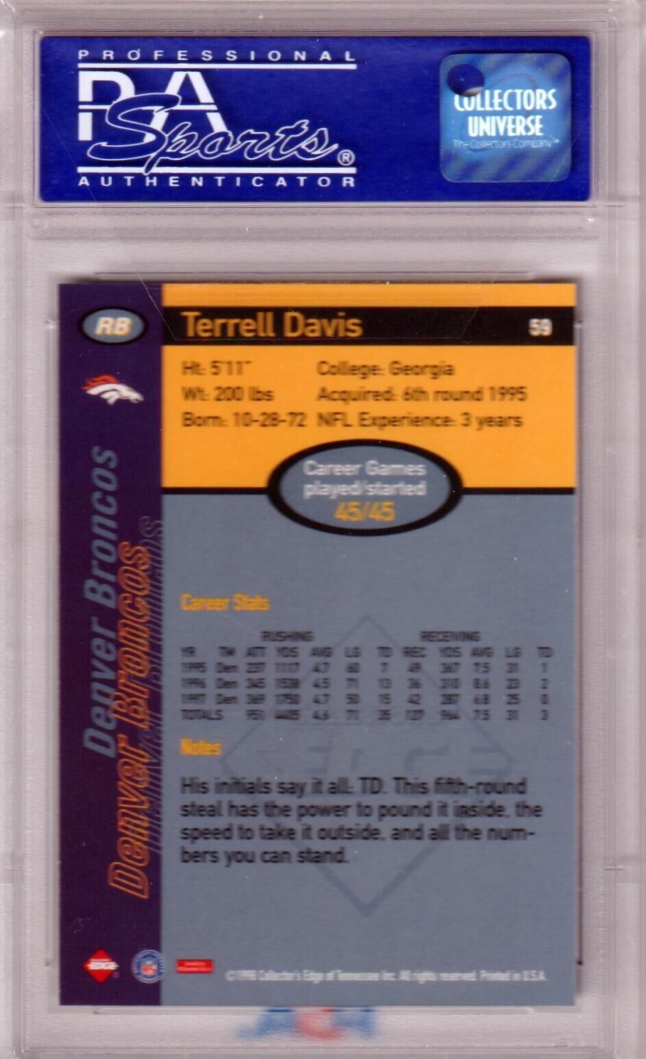 TERRELL DAVIS 1998 Collectors Edge 1st Place #59 PSA 10 GEM MINT - Columbia Hobby - Sports Card Boxes - Toploaders - Card Savers