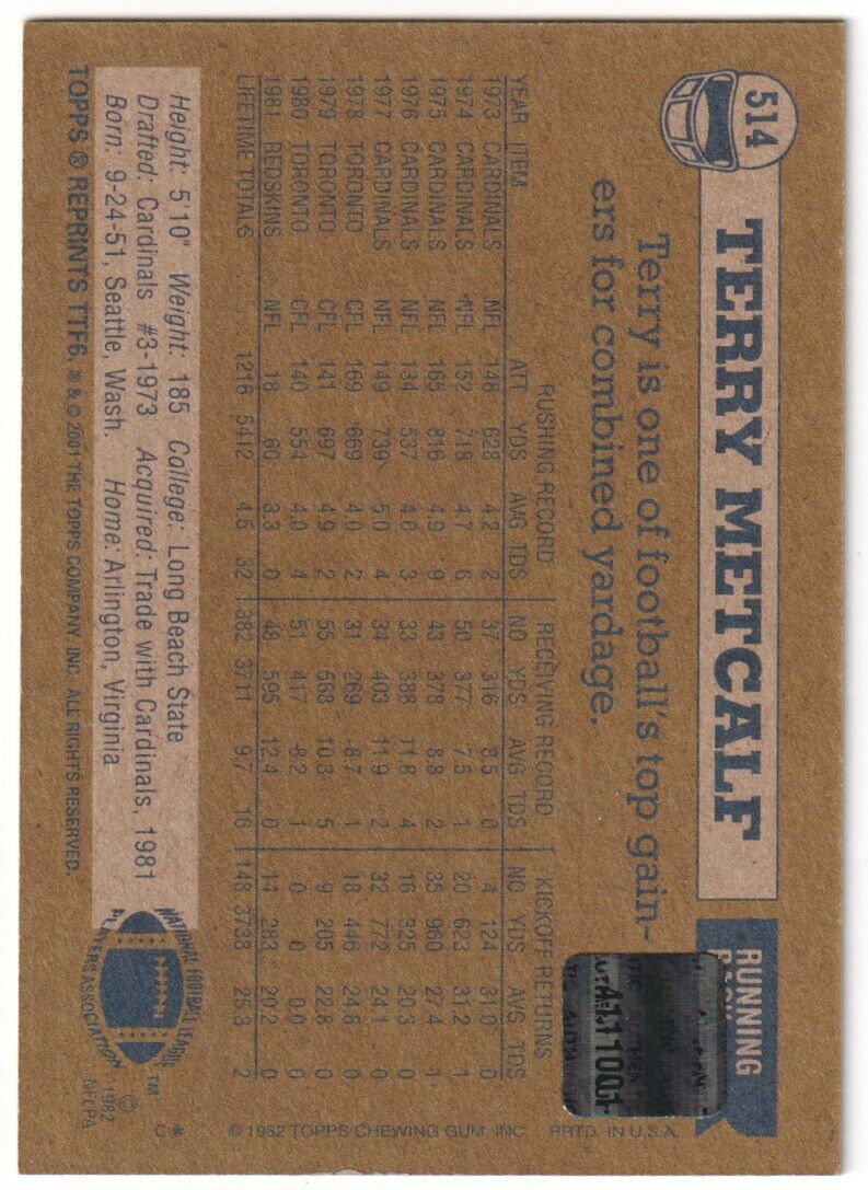 TERRY METCALF 2001 Topps Team Legends Autograph Auto - REDSKINS - Columbia Hobby - Sports Card Boxes - Toploaders - Card Savers