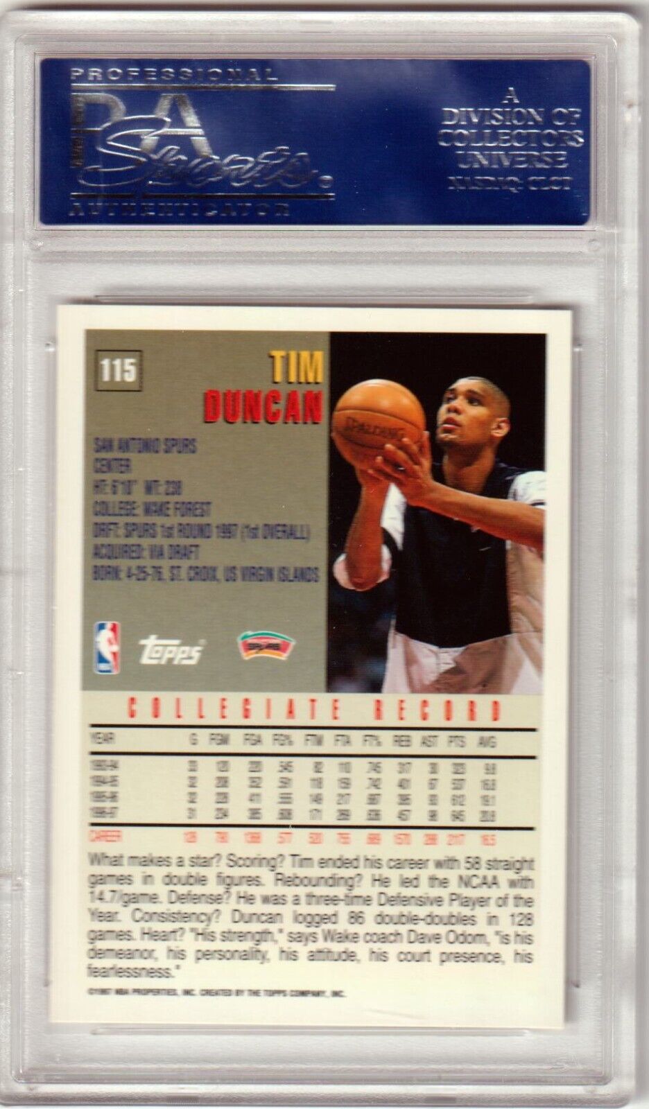 TIM DUNCAN 1997 - 98 Topps Rookie RC #115 PSA GEM MINT - SPURS - Columbia Hobby - Sports Card Boxes - Toploaders - Card Savers