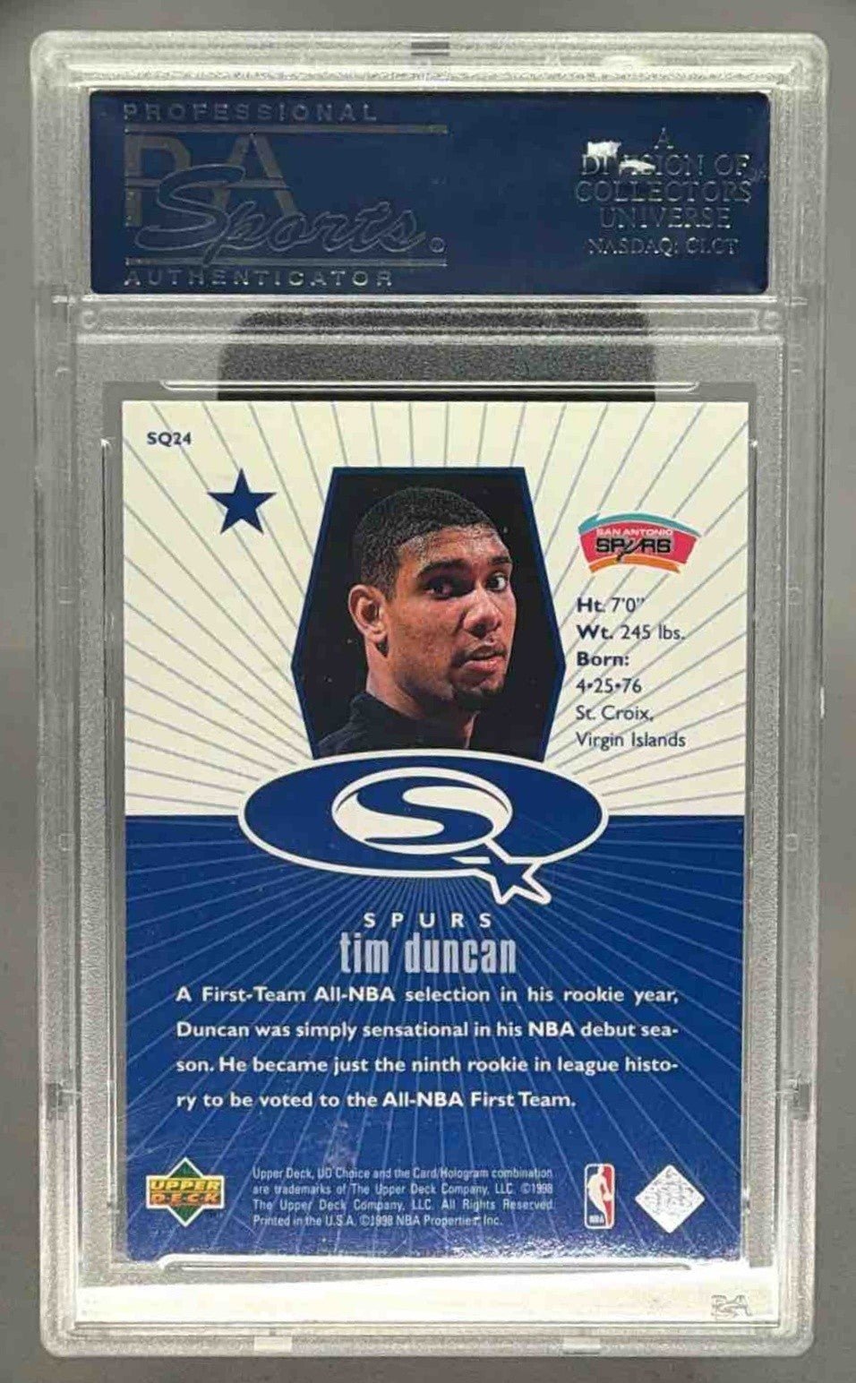 TIM DUNCAN 1998 UPPER DECK CHOICE BLUE STARQUEST PSA 8 NM - MT - SPURS - Columbia Hobby - Sports Card Boxes - Toploaders - Card Savers