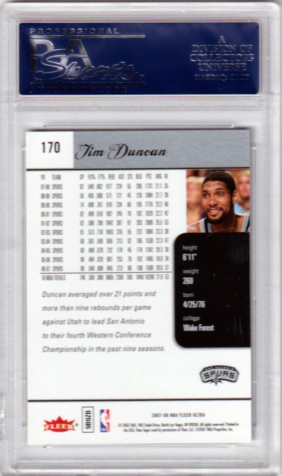 TIM DUNCAN 2007 - 08 Fleer Ultra #170 PSA 10 GEM MINT - SPURS POP 6 - Columbia Hobby - Sports Card Boxes - Toploaders - Card Savers