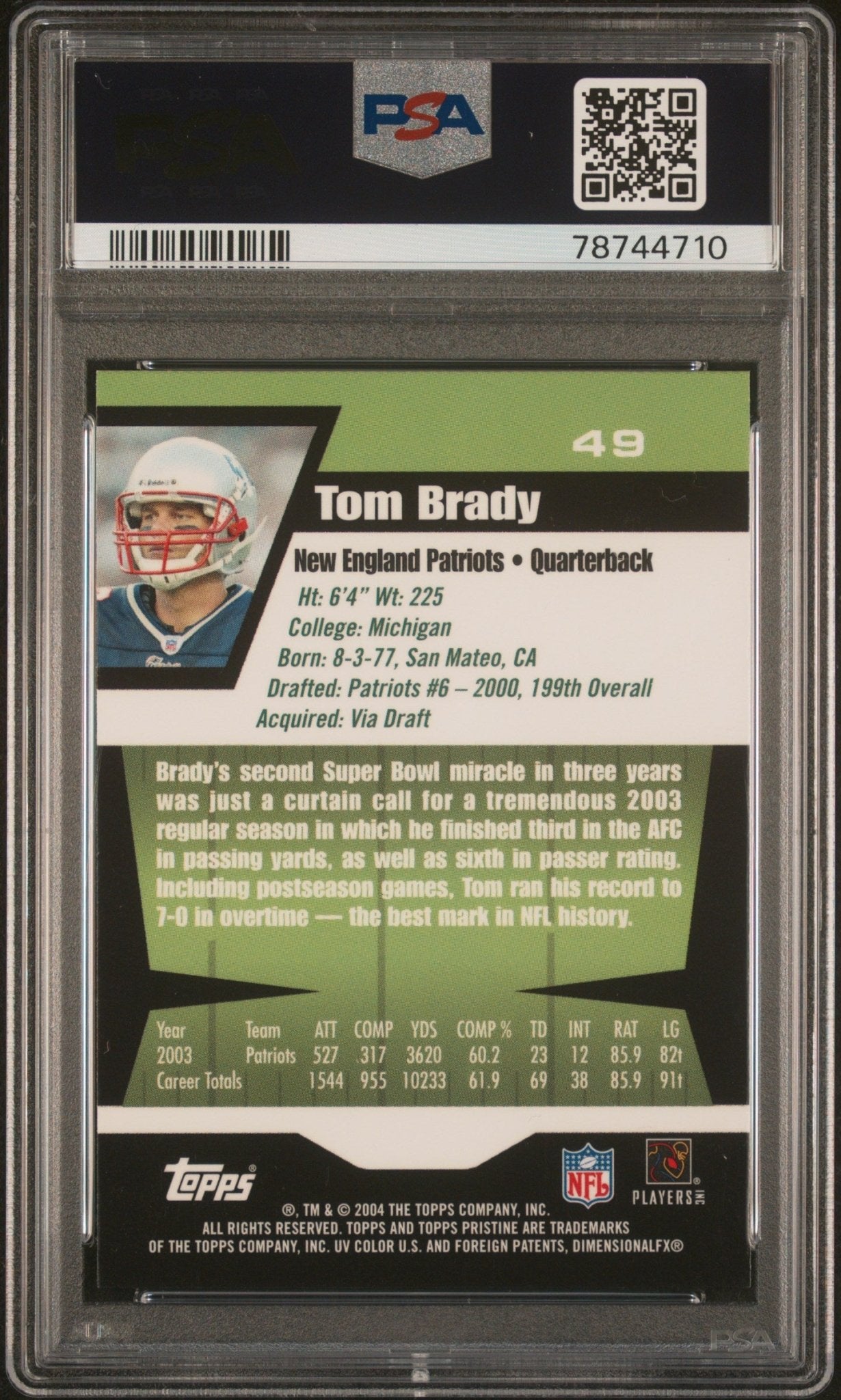 TOM BRADY 2004 Topps Pristine #49 PSA 9 MINT - PATRIOTS - Columbia Hobby - Sports Card Boxes - Toploaders - Card Savers
