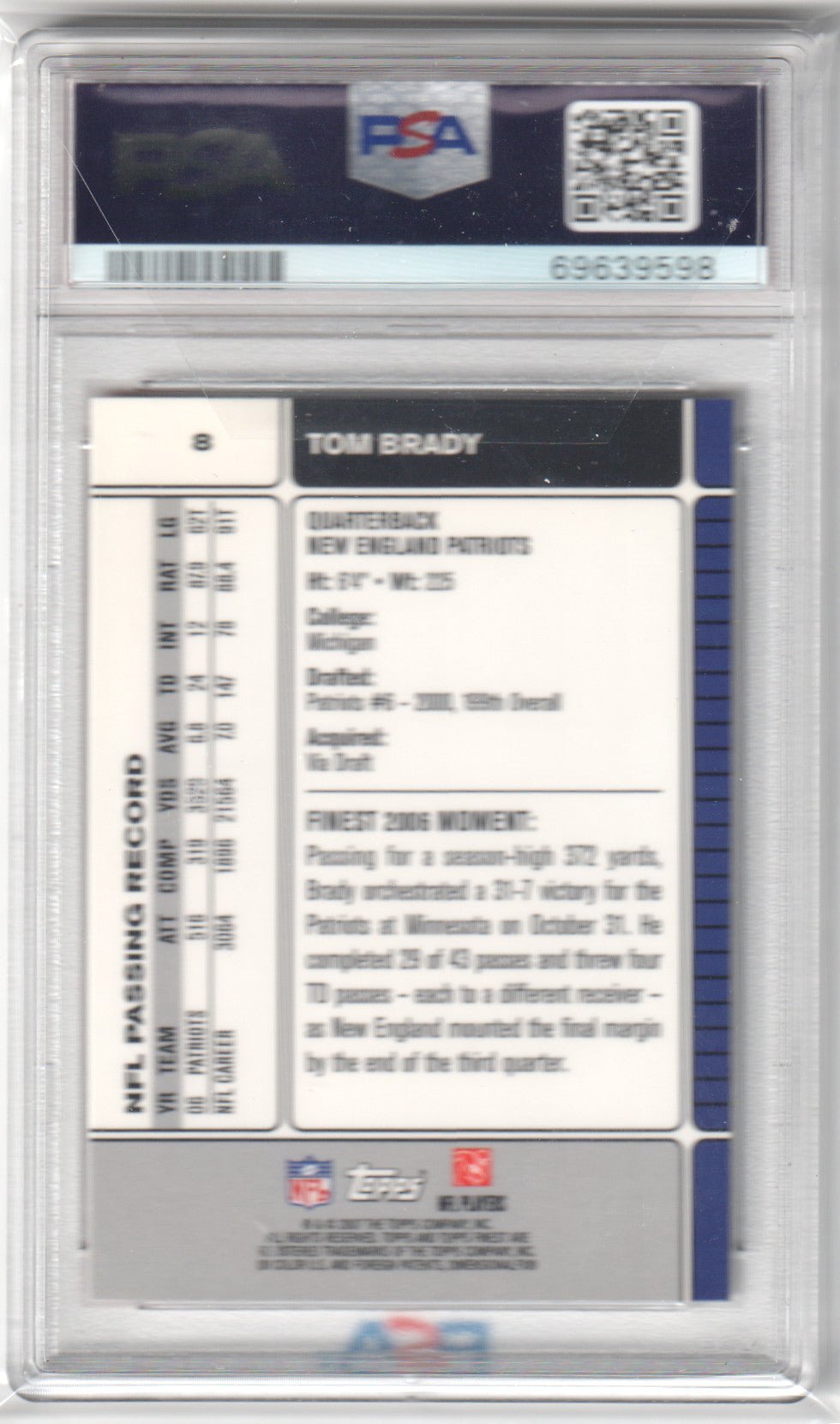 TOM BRADY 2007 Topps Finest #8 PSA 9 MINT - PATRIOTS - Columbia Hobby - Sports Card Boxes - Toploaders - Card Savers