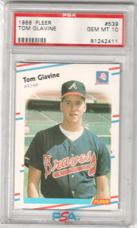 TOM GLAVINE 1988 Fleer RC Rookie #539 PSA 10 GEM MINT - BRAVES - Columbia Hobby - Sports Card Boxes - Toploaders - Card Savers