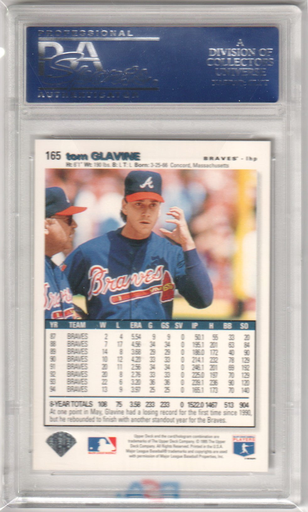 TOM GLAVINE 1995 Upper Deck Collector's Choice #165 PSA 10 GEM MINT - BRAVES - Columbia Hobby - Sports Card Boxes - Toploaders - Card Savers