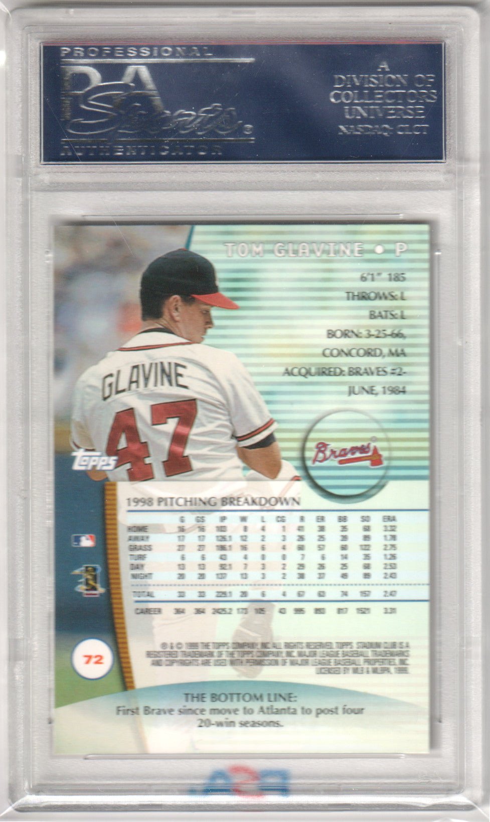 TOM GLAVINE 1999 Topps Stadium Club #72 PSA 10 GEM MINT - BRAVES Pop 11 - Columbia Hobby - Sports Card Boxes - Toploaders - Card Savers