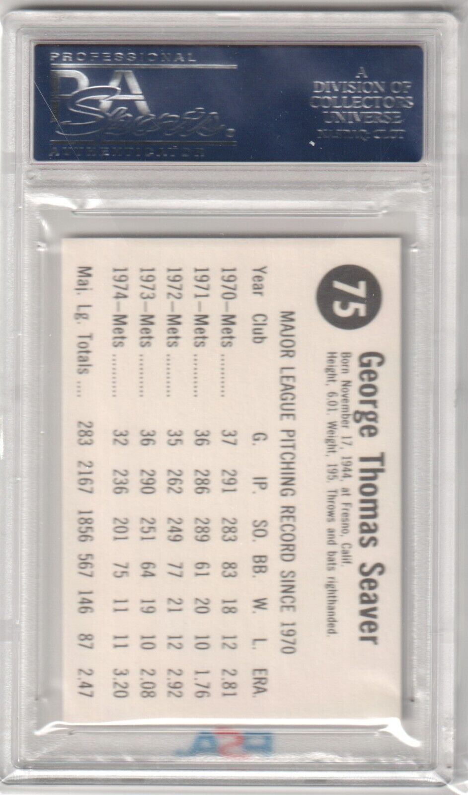 TOM SEAVER 1975 Hostess #75 PSA 10 GEM MINT - METS - Columbia Hobby - Sports Card Boxes - Toploaders - Card Savers