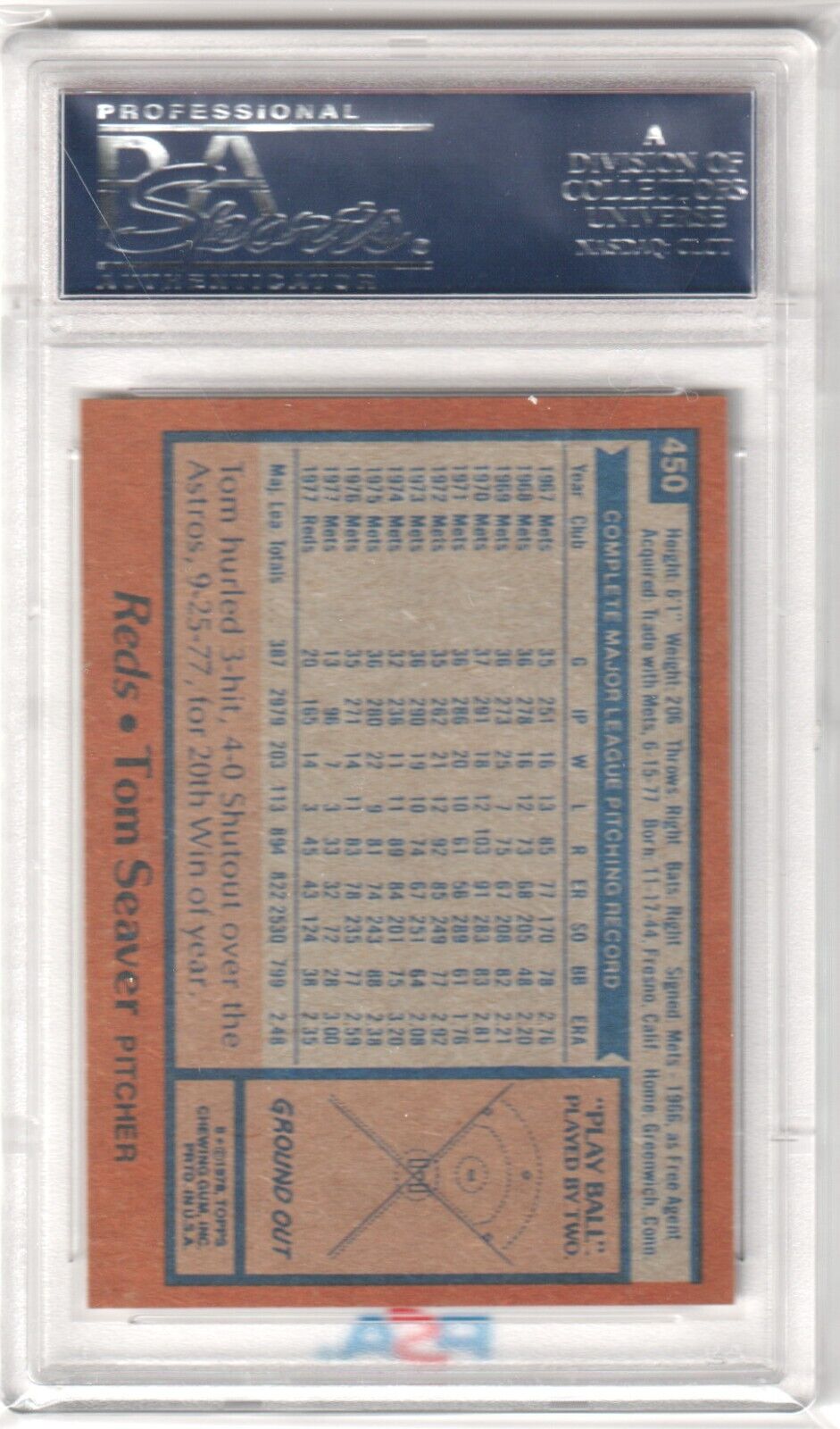 TOM SEAVER 1978 Topps #450 PSA 10 GEM MINT - REDS - Columbia Hobby - Sports Card Boxes - Toploaders - Card Savers