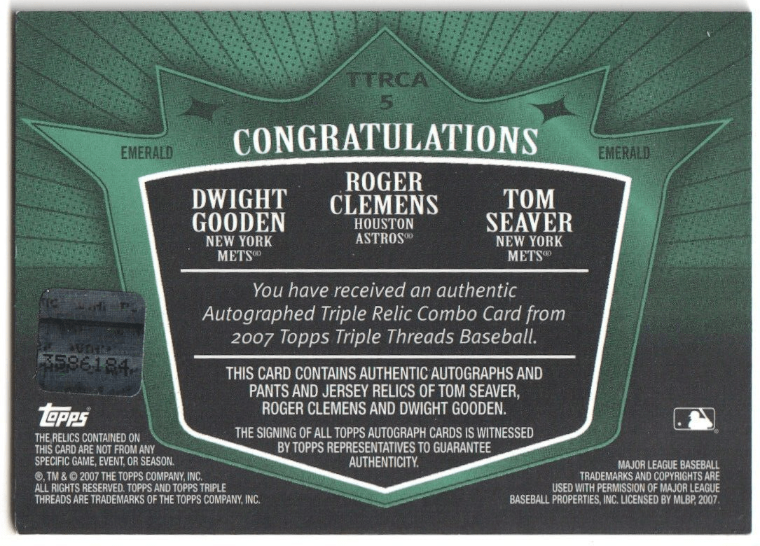 TOM SEAVER DWIGHT GOODEN ROGER CLEMENS 2007 Topps Triple Threads Autograph #/18 - Columbia Hobby - Sports Card Boxes - Toploaders - Card Savers